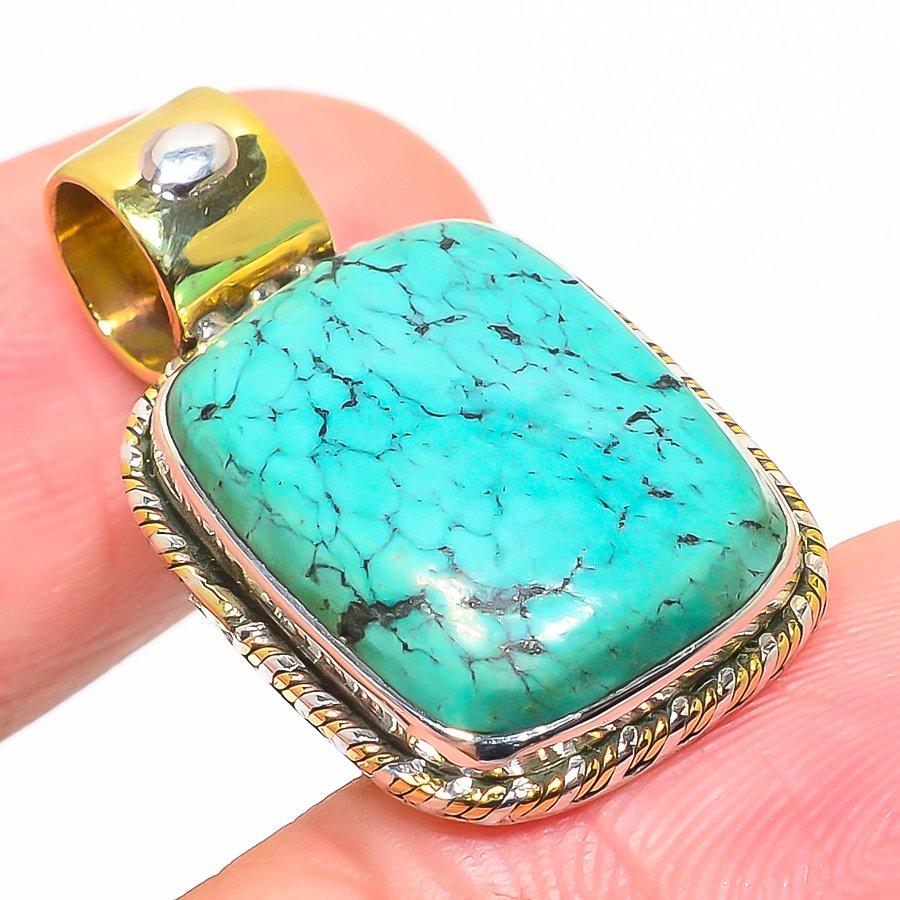 Natural Tibetan Turquoise Two Tone 925 Solid Sterling Silver Pendant 1.10'' M6f49