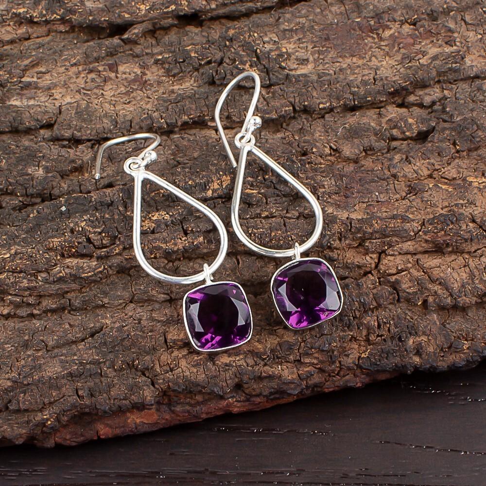 Natural Amethyst Gemstone 925 Sterling Silver Handcrafted Jewelry Earrings 1.90" EE-7-3