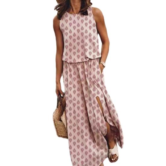 

Женское платье макси без рукавов, повседневное, с круглым вырезом, эластичной талией, разрезом, длинное платье с карманом, летний пляжный сарафан для отдыха L розовый