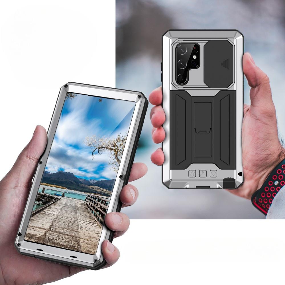 Custodia blindata per Samsung Galaxy S22 Ultra, R-JUST CamShield Slide, argento