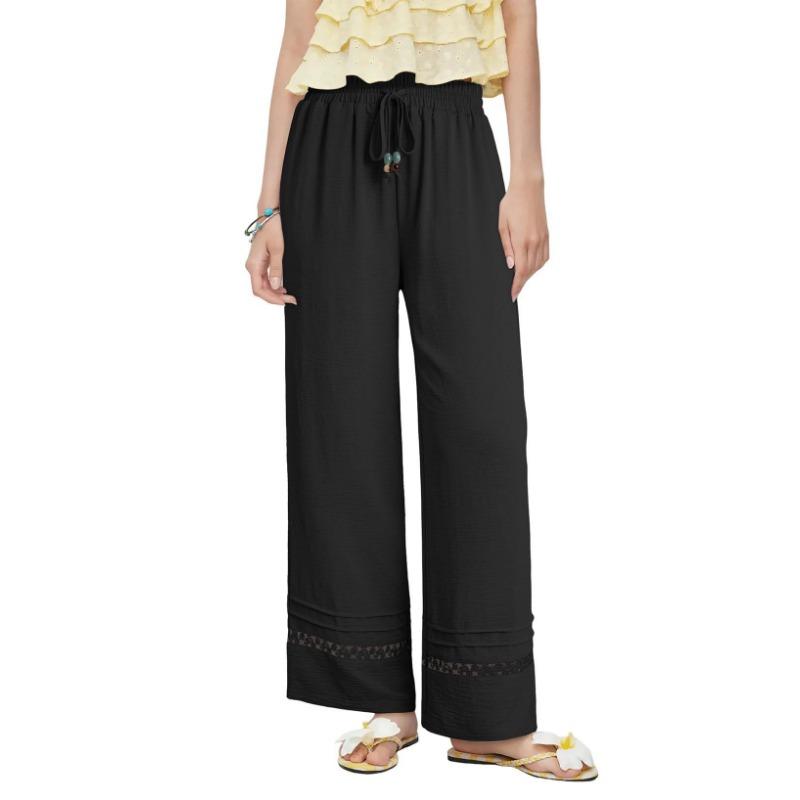 Casual Loose High Waist Solid Straight Hollow Out Wide Leg Cropped Pants For Women