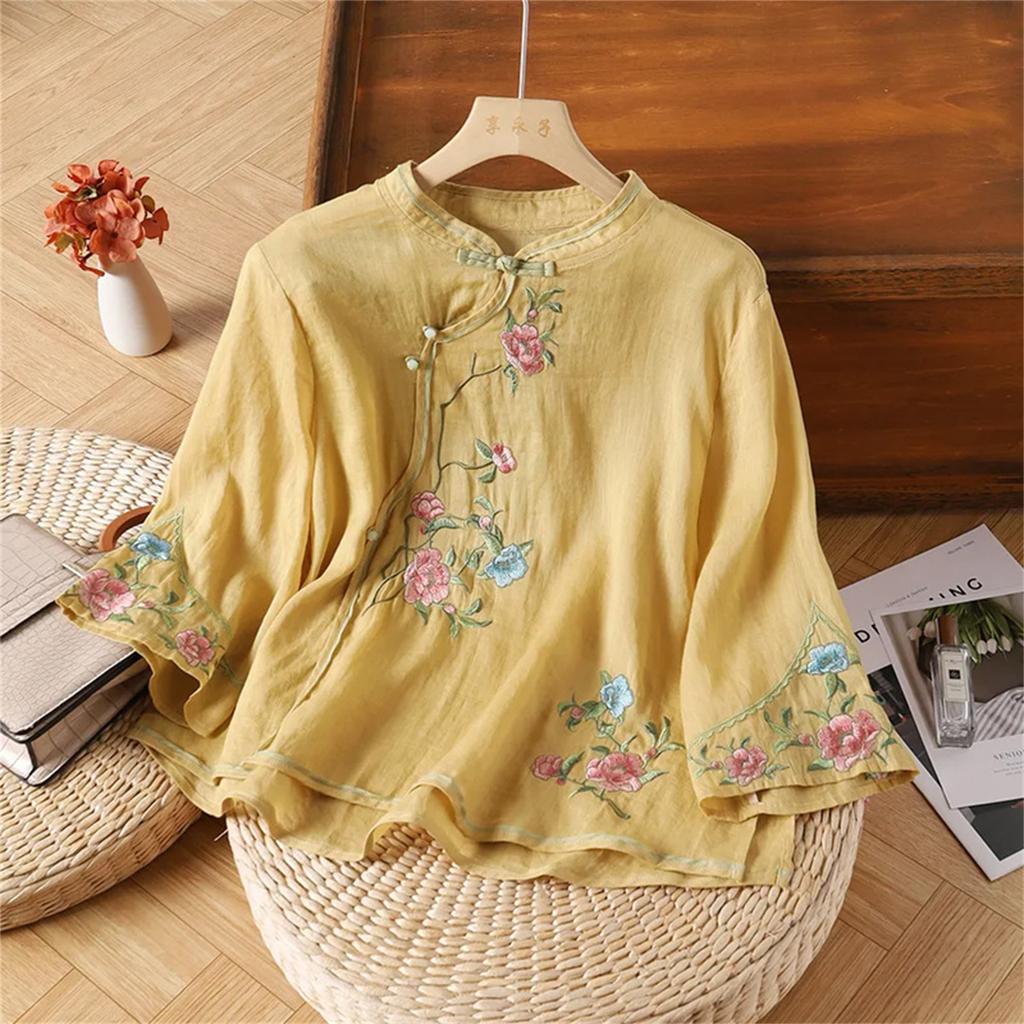 Women's Vintage Inspired Loose Fit Embroidered Mandarin Collar Button Front Cotton Linen Blend Blouse With Three Quarter Sleeves