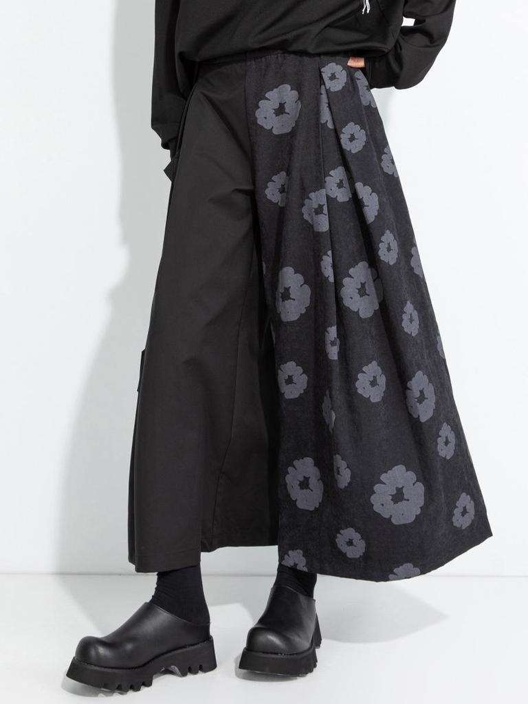 2025 Autumn Asymmetrical Wide-Leg Retro Patchwork Culottes: Women's Casual Dark Style