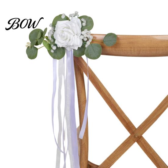 Weather Resistant Car Decor Wedding Door Handle Flower with Ribbon Tie And Green Leaves, White Artificial Realistic Petal Rose Rearview Mirror Bouquet