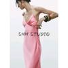 Spring New Women's Clothing Sexy V-neck Long Silk Satin Texture Hanging Collar Sling Dress 2454331