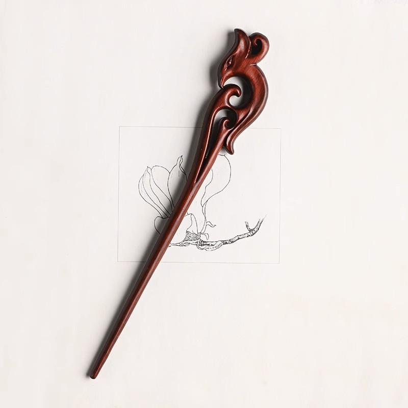 Red Sandalwood Women's Retro Hanfu Hairpins: Hollow Carved Moon Rabbit Wooden Ornaments