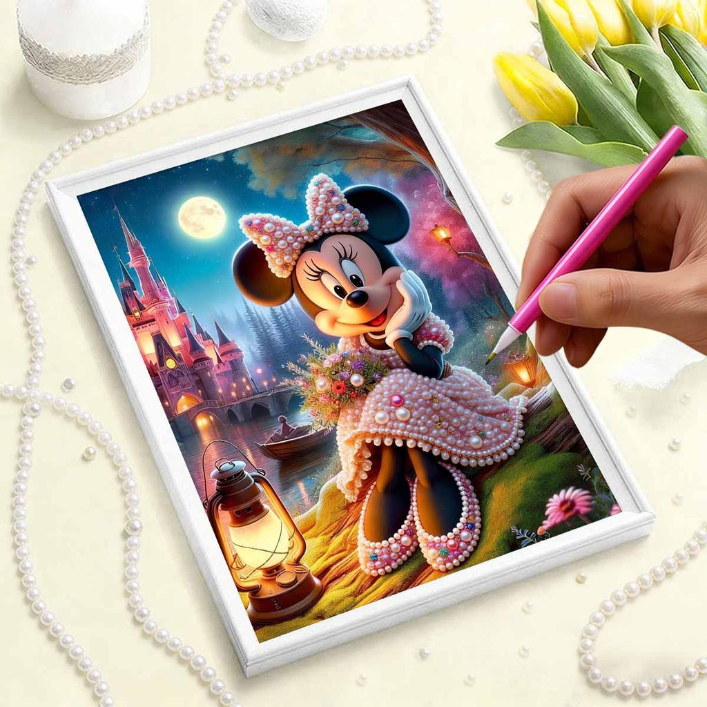 Disney Pearl Painting Minnie Moonlight Castle Bouquet Creative Art 5D Pearl Embroidery Cross Stitch Kit Handmade DIY Home and Room Decor Gift