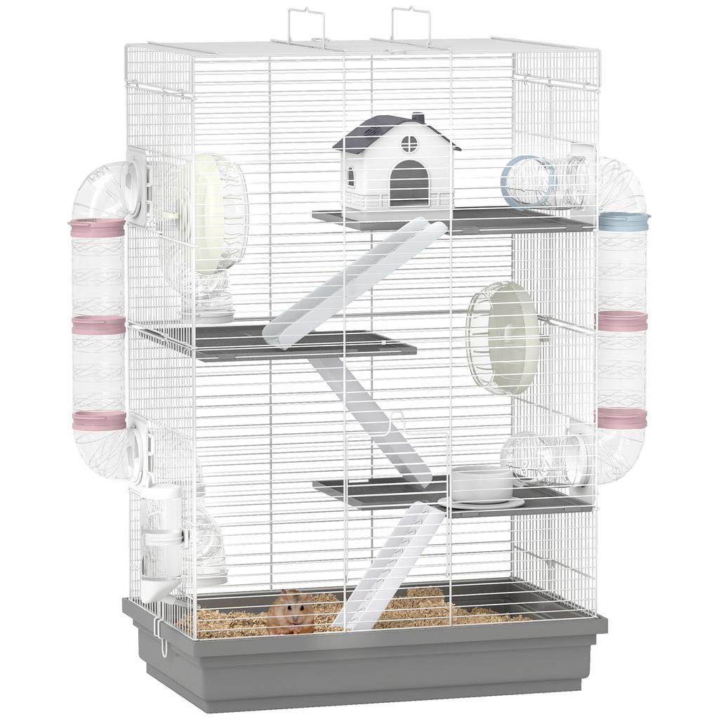 4-Tier, 16-Tube Hamster Cage with House, Ramp, and Accessories, Metal and Plastic, 47x30x70 cm, Grey