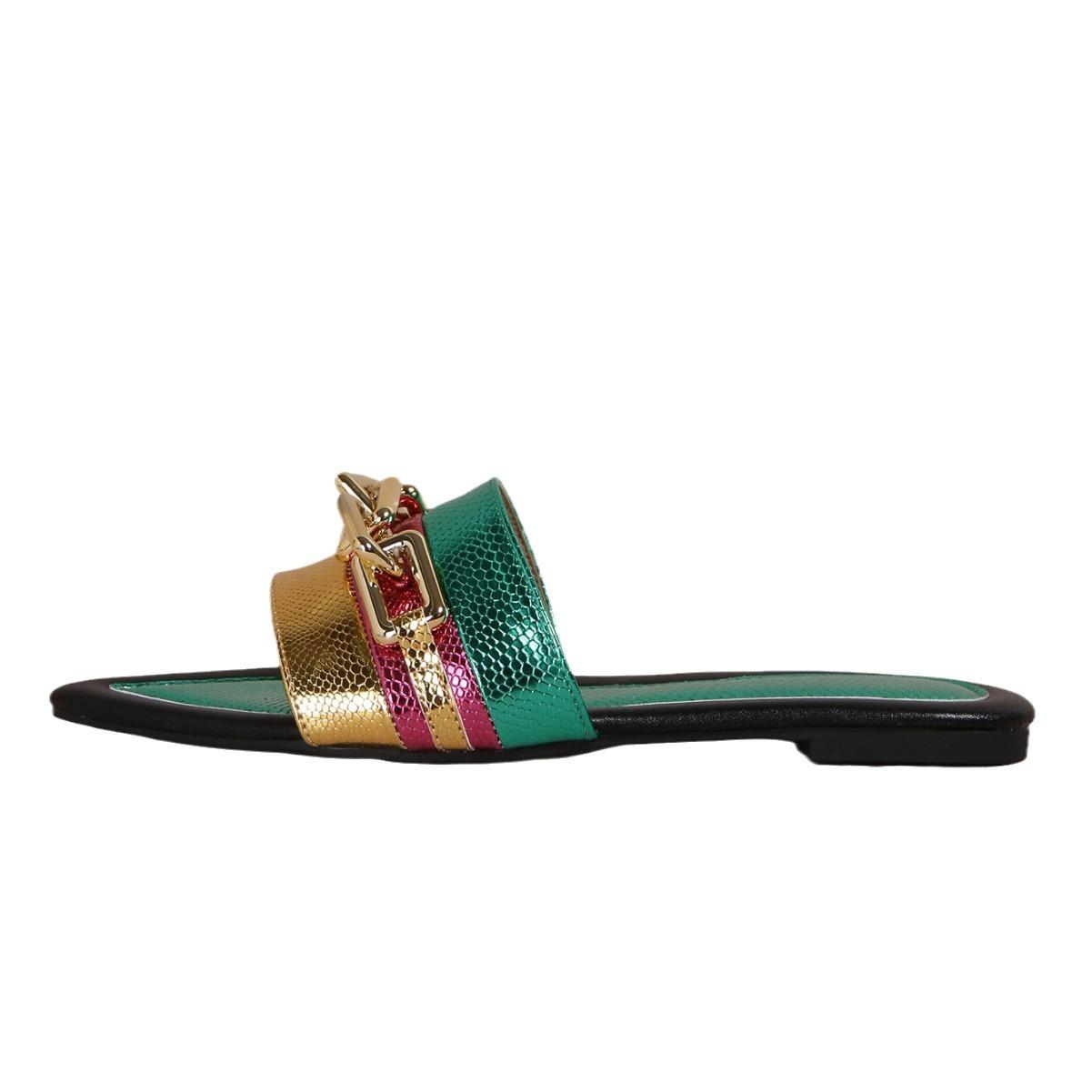 Fashion Green Gold Metallic Chain Flat-Bottomed