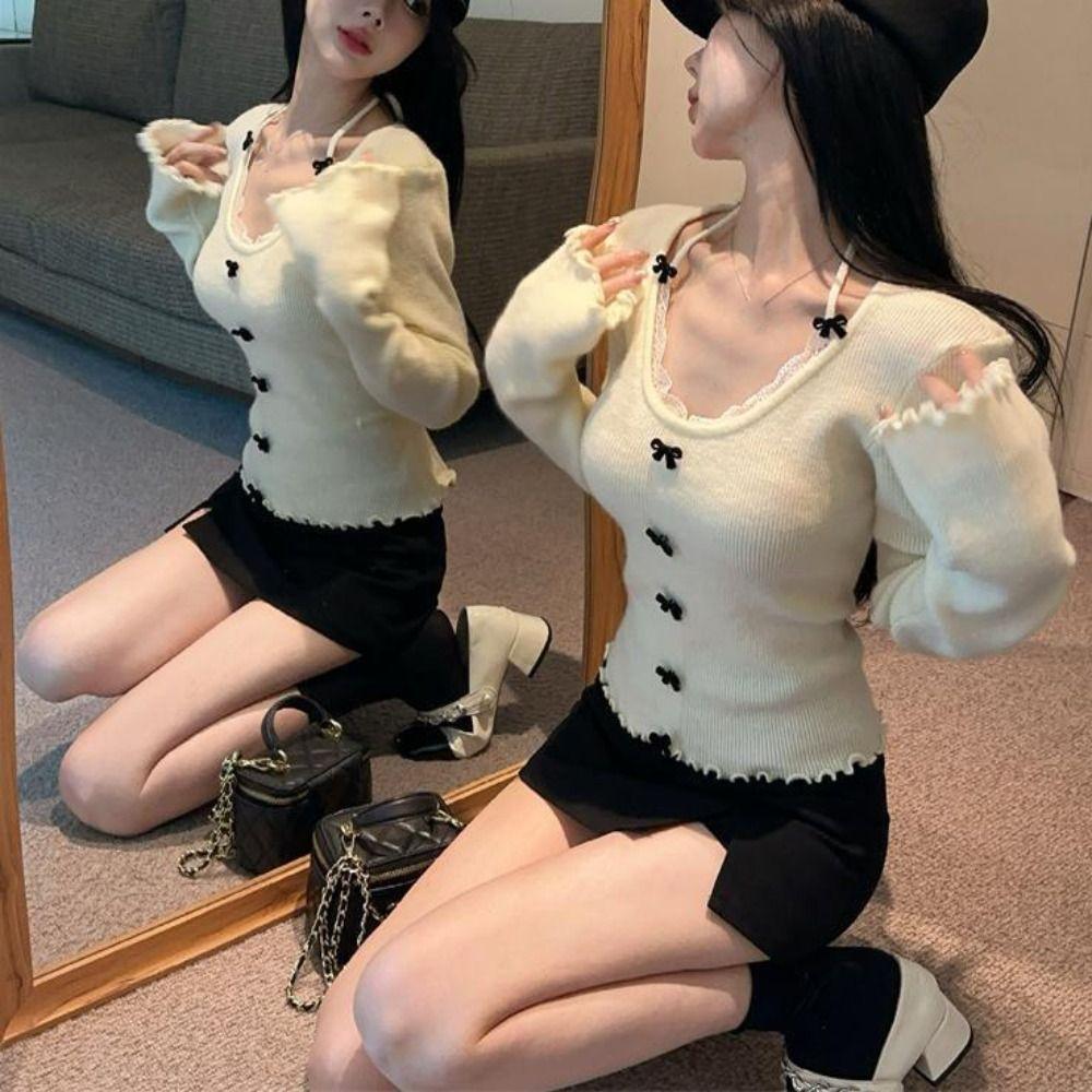 Lace Tied Up Long Sleeved T Shirts Slim Fit Fake 2 Pieces Crop Tops  Travel