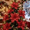 Christmas Flower Ornament Artificial Poinsettia with Stem, Glitter Faux for Seasonal Floral Decor Party, Red Xmas Tree, Wreath Decoration Layered
