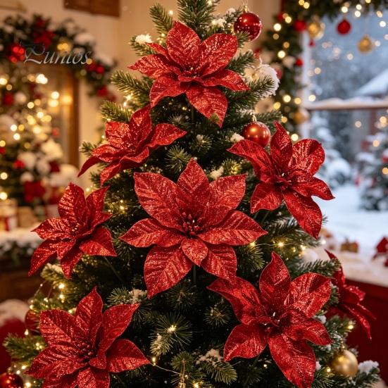 Christmas Flower Ornament Artificial Poinsettia with Stem, Glitter Faux for Seasonal Floral Decor Party, Red Xmas Tree, Wreath Decoration Layered