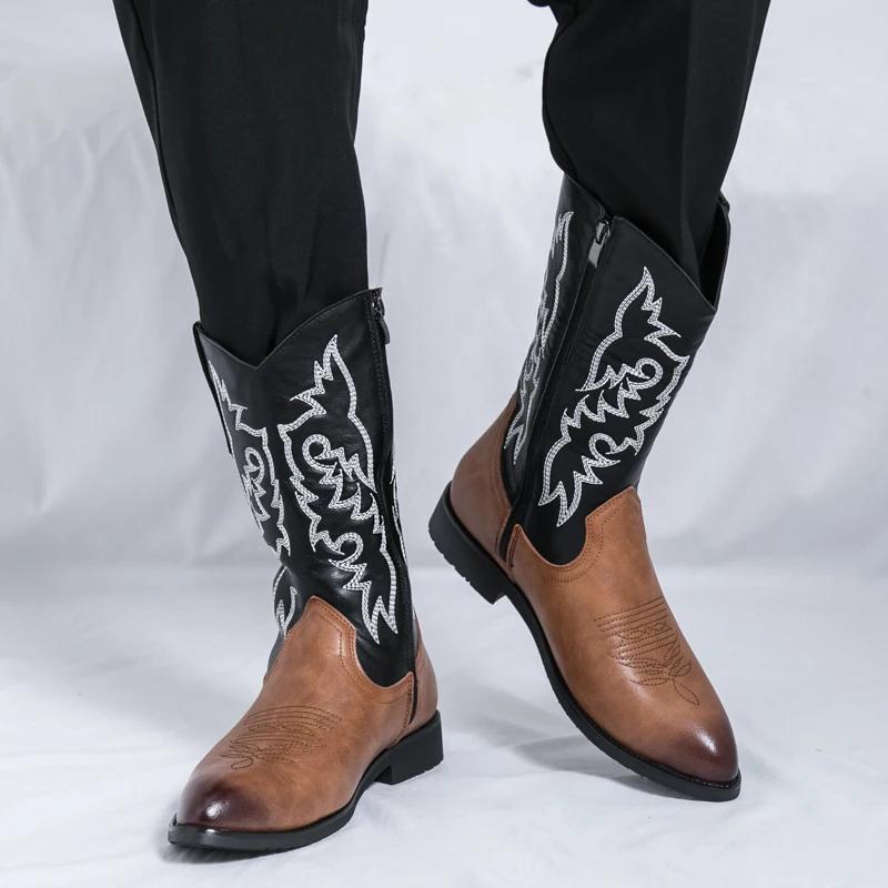 Fashion Men's Luxe British Shoes Cowboy Botas Retro Side Zipper Motorcycle Boots Fashion Walking Shoes Men 2024 New Male Chelsea Boots