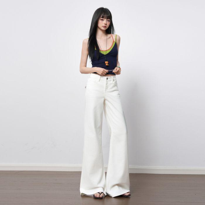 Spring Summer Off White Three Proof Stretch Non Cling Wide Leg Micro Flare Elegant Denim Pants Ladies Casual Pants Oversize Denim Trousers