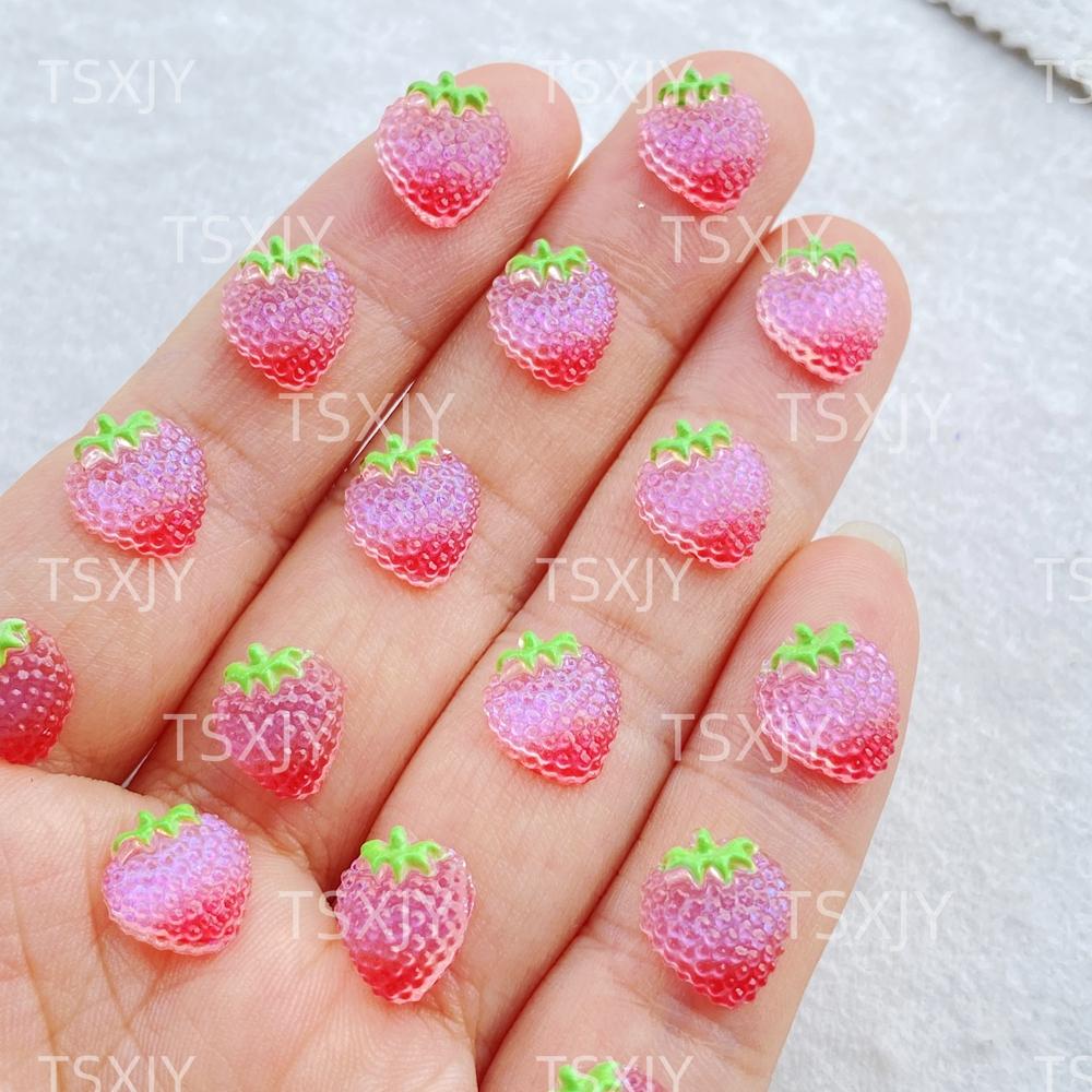 50pcs pink 3D Strawberry Cute Nail Charms Flatback Resin Rhinestone Gems Red Strawberry Designs Nail Decoration Jewelry