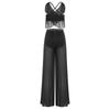 S-XXL Women Lyrical Dance Crop Top V Neck Sleeveless Back Crossing Fringe with Mesh Wide Leg Pants Built-in Briefs for Modern Dance Performance