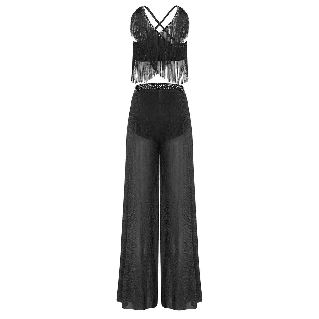 S-XXL Women Lyrical Dance Crop Top V Neck Sleeveless Back Crossing Fringe with Mesh Wide Leg Pants Built-in Briefs for Modern Dance Performance