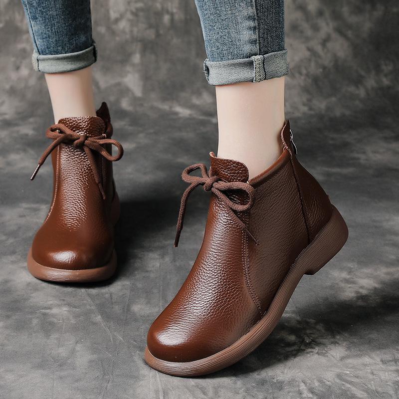 Women's Retro Cowhide Ankle Boots: Chunky Heel, Thick Sole, Genuine Leather, Plus Velvet, Winter Design