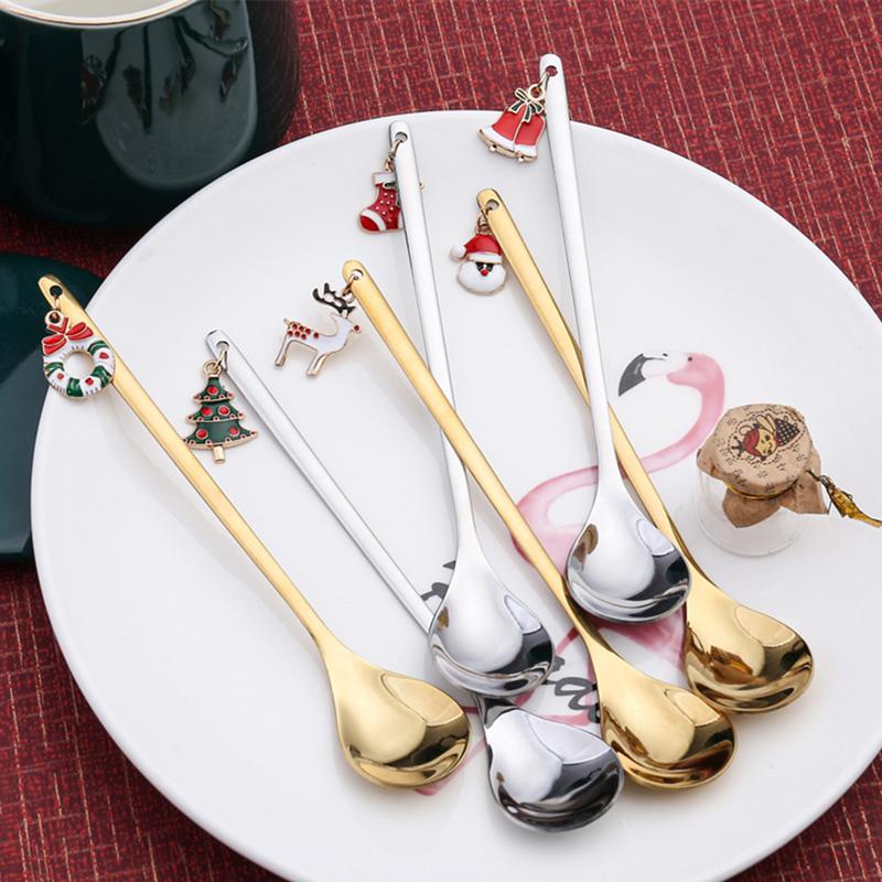 6PCS Christmas Spoons Coffee Cutlery Set Stainless Steel Cutlery Set Dessert Spoon Forks Christmas Gifts Elk Christmas Decoratio