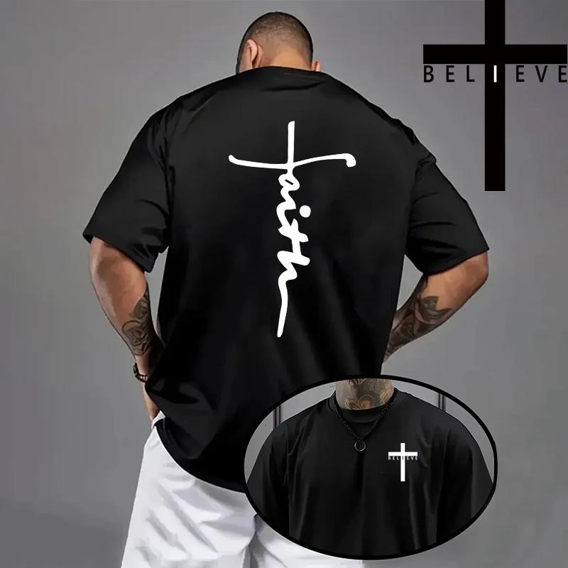 Christ Print Tshirt Men High Quality Pure Color Short Sleeve Top Spring Summer Daily Casual Fashion Jesus Cross Cotton Tees