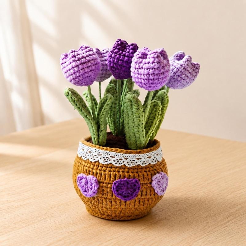Potted Crochet Tulips Decors with Handcrafted Yarn Texture, Handmade Knitted Potted Flower for Tabletop Display, Gift for Women