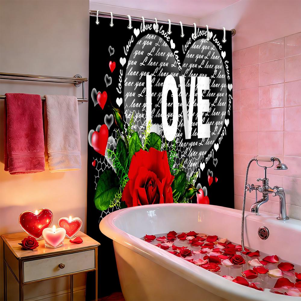 Valentine's Day Love Heart Rose Shower Curtain, Bathroom Shower Waterproof Curtain with 12 Hooks, Fish Shaped Home Decoration