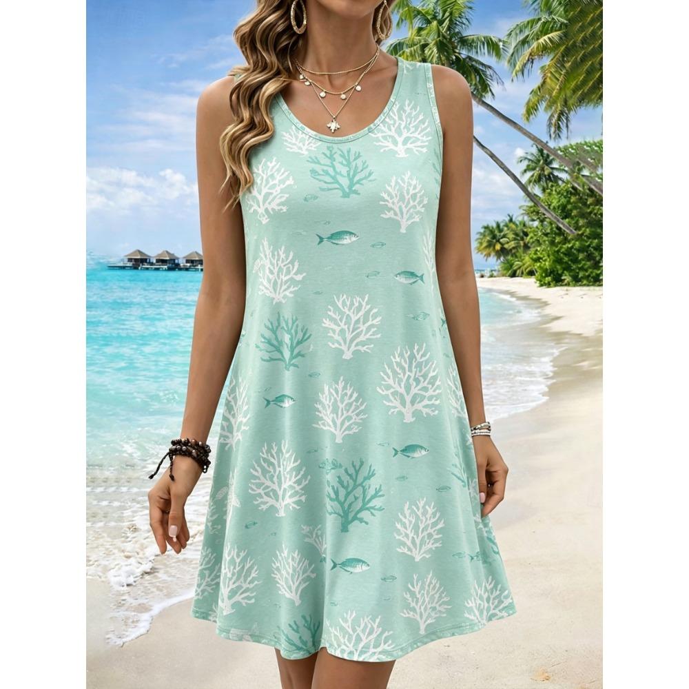 Women's Round Neck Sleeveless Whale Print Casual A-Line Mini Dress, Beach Tank Dresses for Spring & Summer