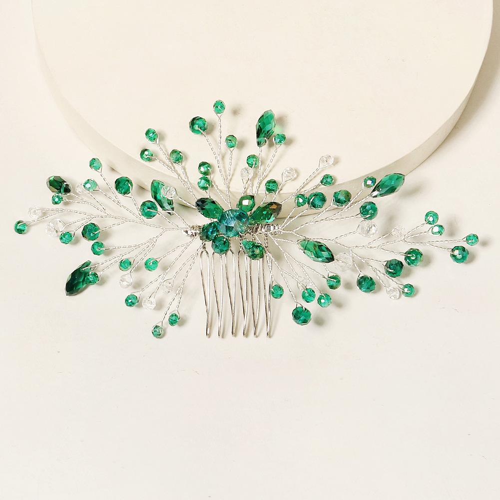 Retro Alloy Rhinestone Plug Comb Handmade Leaf Green Crystal Headdress Antique Hanfu Jewelry Bridal Hair Comb