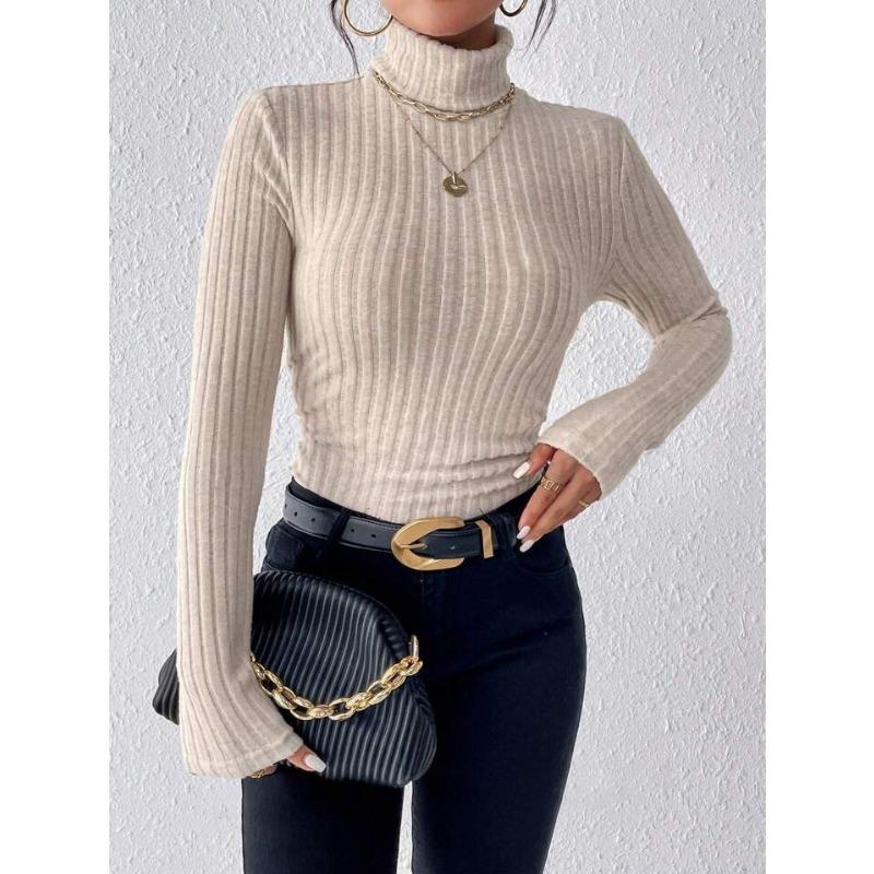 Svetr s vysokým límcem a úzkým střihem, Elegantní jednobarevný podzimní a zimní svetr s dlouhým rukávem, Dámské oblečení