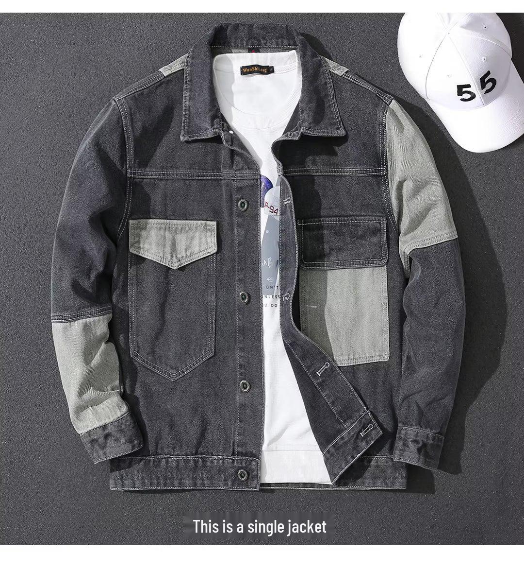 Korean Style Men s Denim Patchwork Jacket: Trendy Lapel Workwear for Spring/Autumn S серый