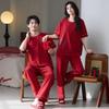 7A Antibakteriöse Baumwoll-Paar-Pyjamas - Rot, Bequem, Kurzarm, Lange Hose für Sommerhochzeiten