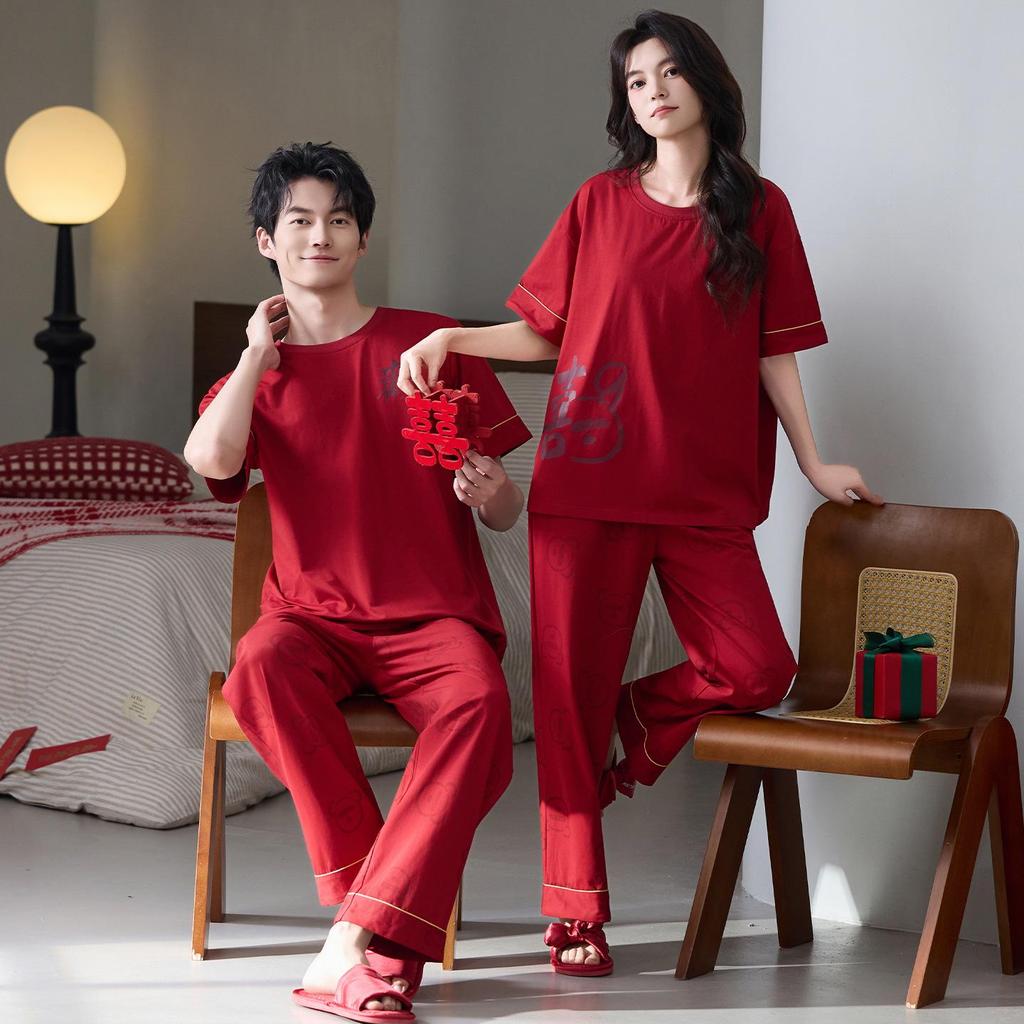 7A Antibakteriöse Baumwoll-Paar-Pyjamas - Rot, Bequem, Kurzarm, Lange Hose für Sommerhochzeiten