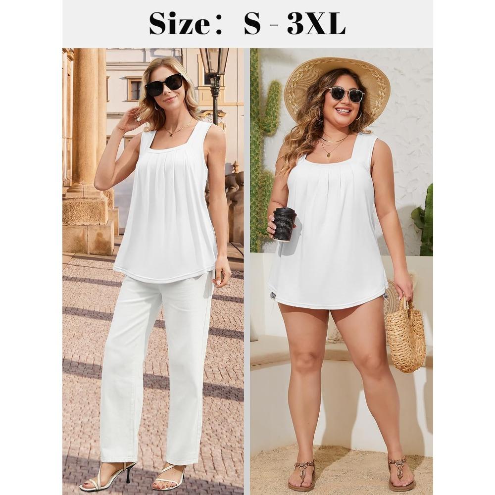 CHARMLEAKS Tank Top Built In Bras for Women Summer Pleated Square Neck Tops Flowy Sleeveless Shirts