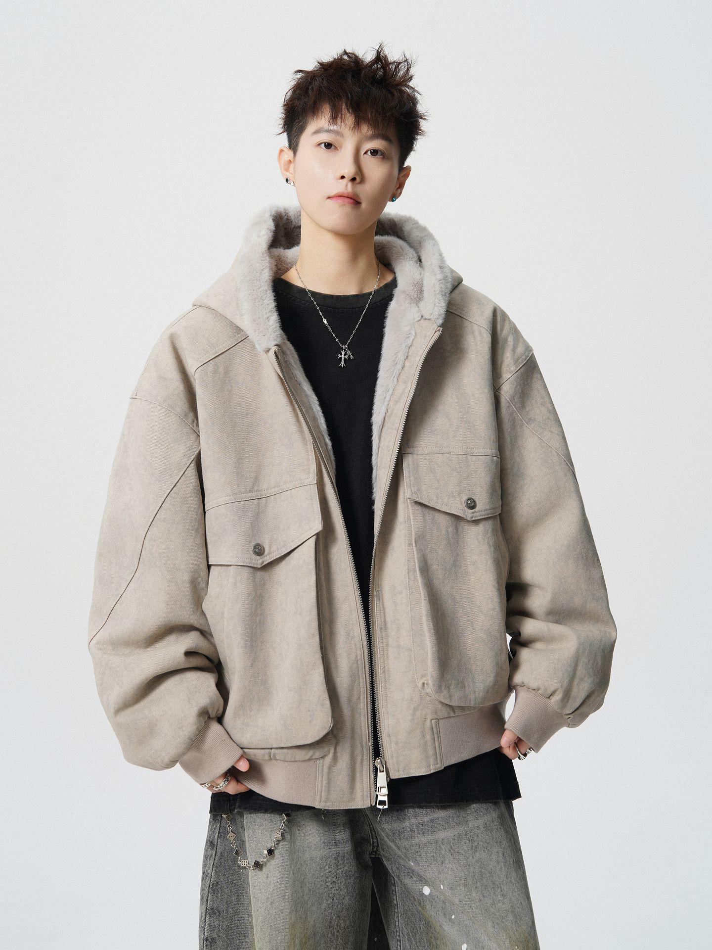 American Retro Marble Dark Pattern Hooded Cotton Jacket Unisex Winter Plus Velvet Thickened Warm Outerwear Medium