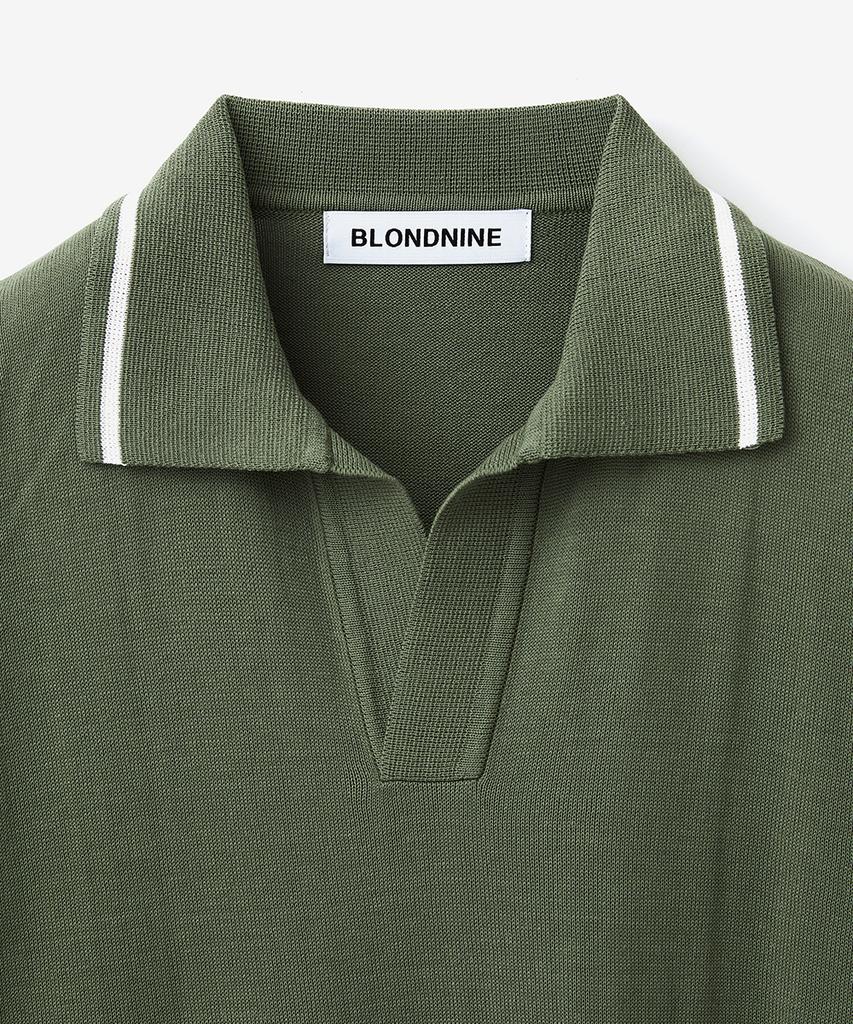 BLOND9 Cotton Varsity Open Collar Short Sleeve Knit_Deep Green