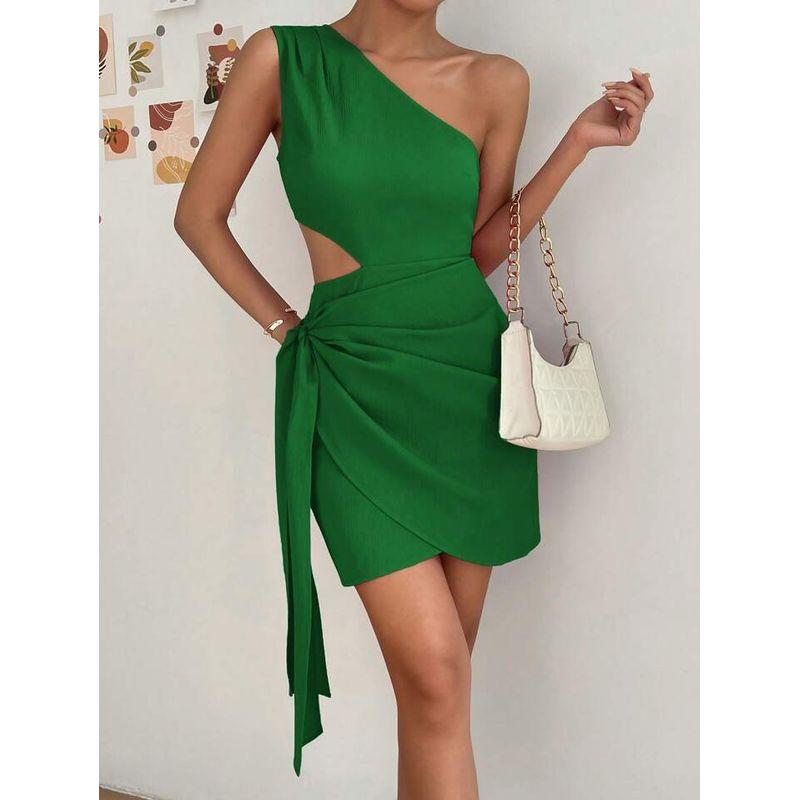 

2025 Sexy Sloping Shoulder Wrap Dress Green L