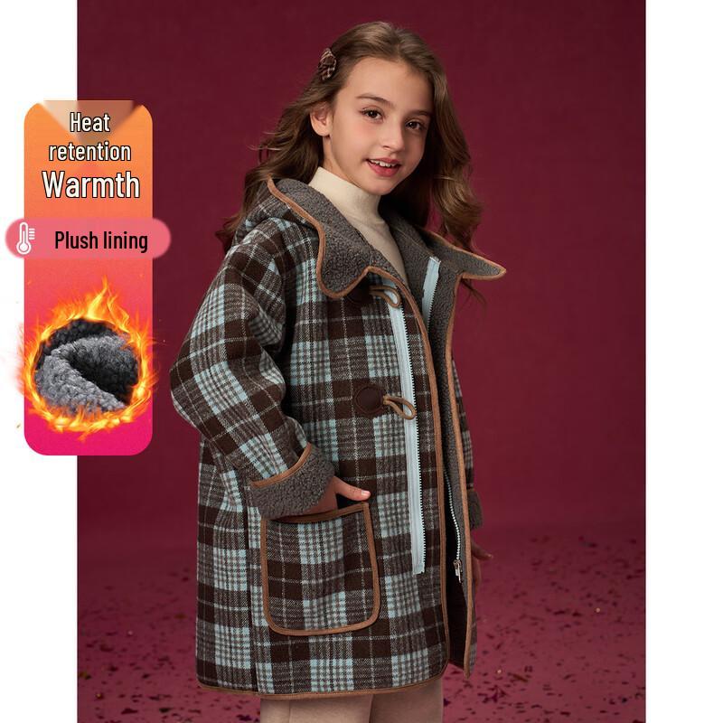 Girls Warm Plaid Hooded Toggle Coat 150