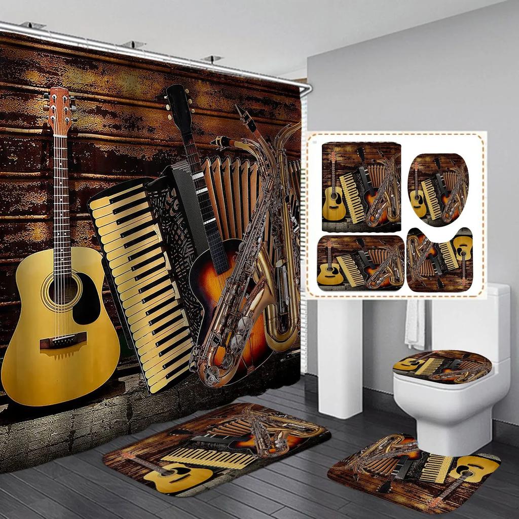 4Pcs Fire Burning Electric Guitar Shower Curtain Sets, Stone Wall Modern Bathroom Sets Waterproof,Non-Slip Bath Rugs Toilet Mat