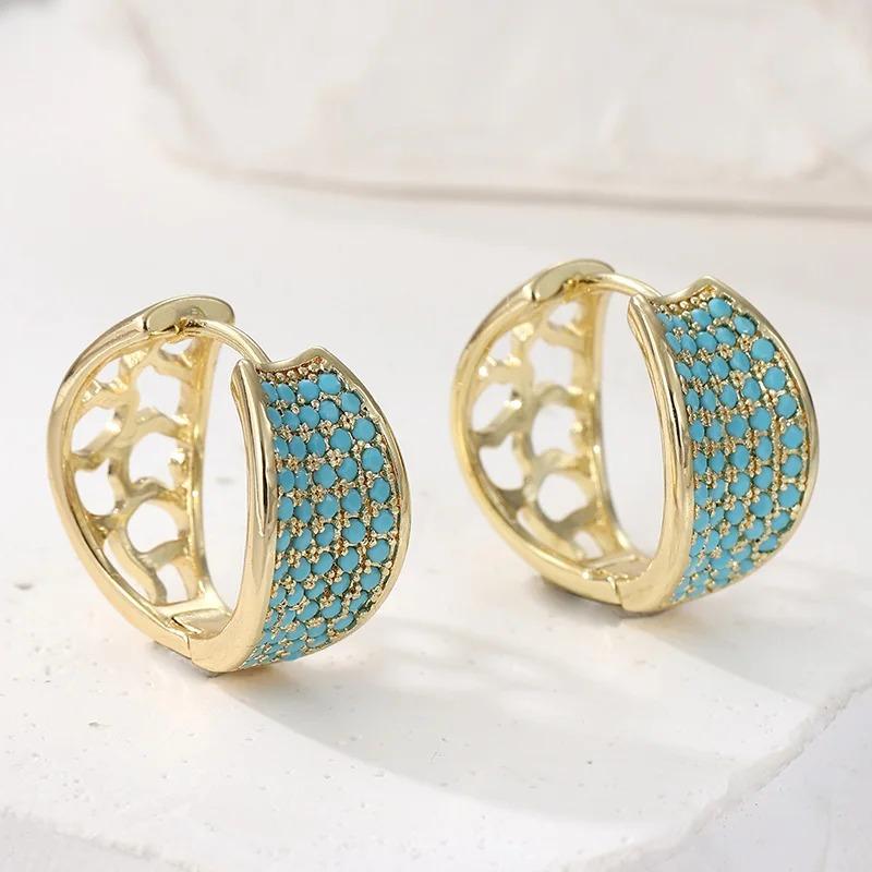 Women's Synthetic Turquoise Inlaid Hand Carved Hollow Hoop Earrings Elegant Exquisite Banquet Holiday Jewelry Accessory