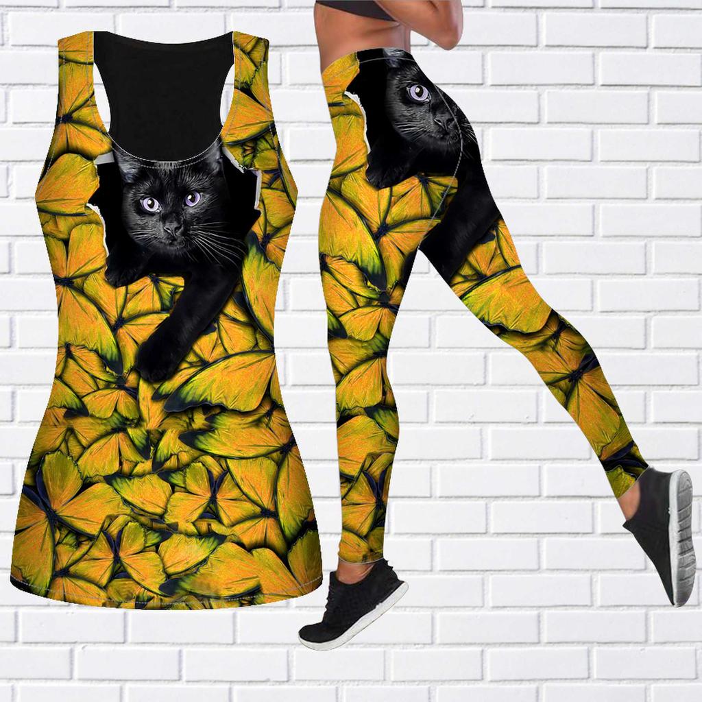 Butterfly Kittens Print Yoga Outfit for Women Fashion Workout Leggings Fitness Sports Casual Yoga Pants