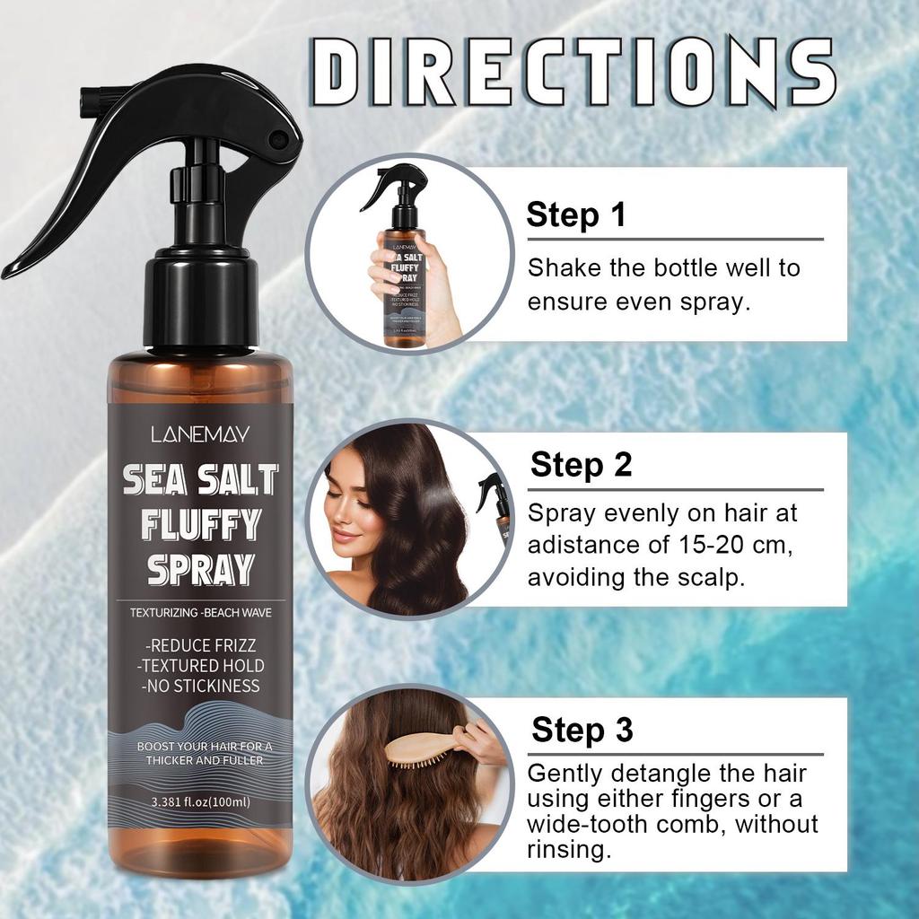 Sea Salt Fluffy Spray-Textured Hold-Frizz Control-No Stickiness-Deeply Clean & Care for all Types Hair, 100ml