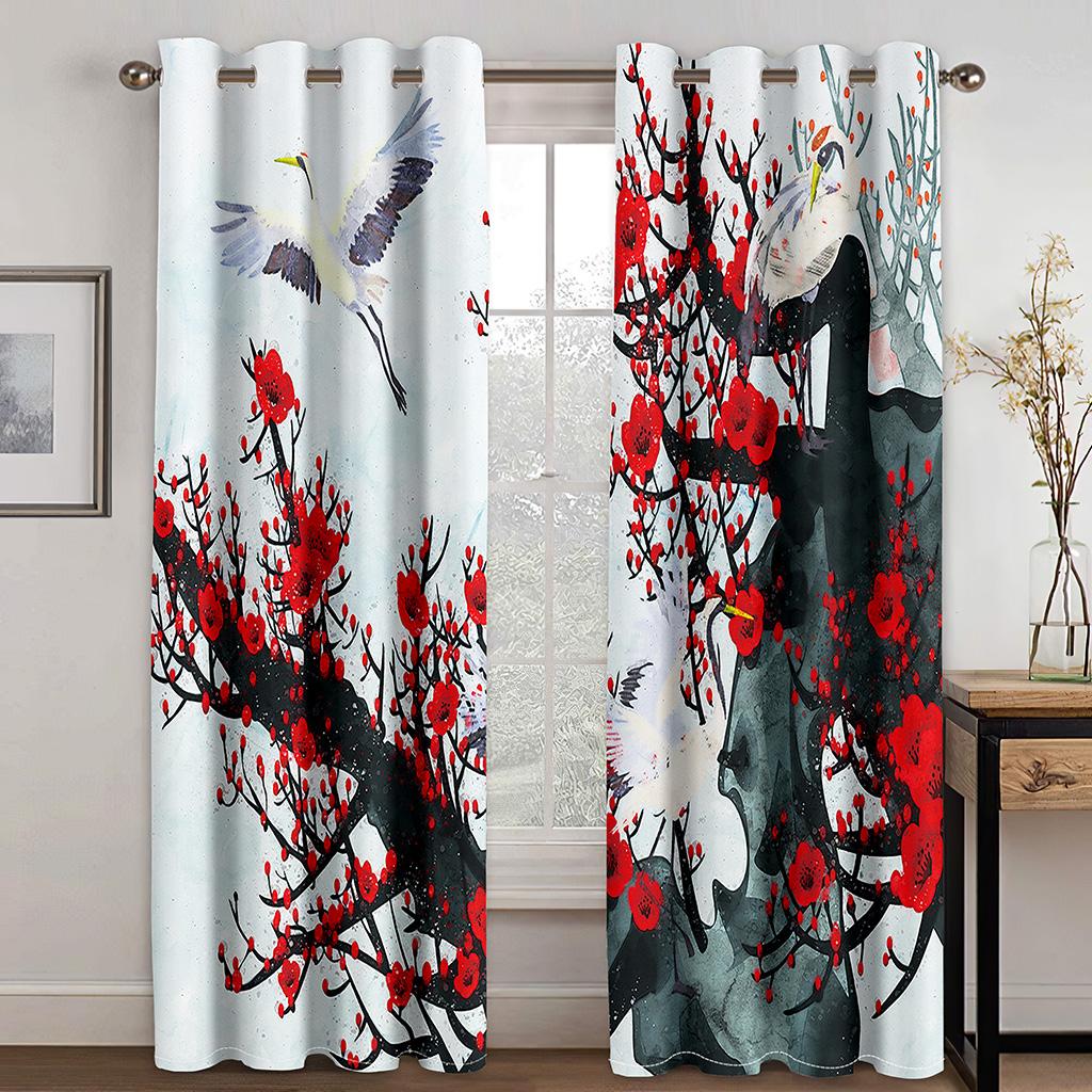 2pcs Red Large Leaved Flower Thin Polyester Semi-shading Curtains for Livingroom Window Treatments Grommet Drapes Free Shipping