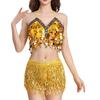 Women Two Piece Belly Dance Costume Sequins Halterneck Top Sequins Fringe Hip Scarf Wrap Skirt Belly Dancing Outfit