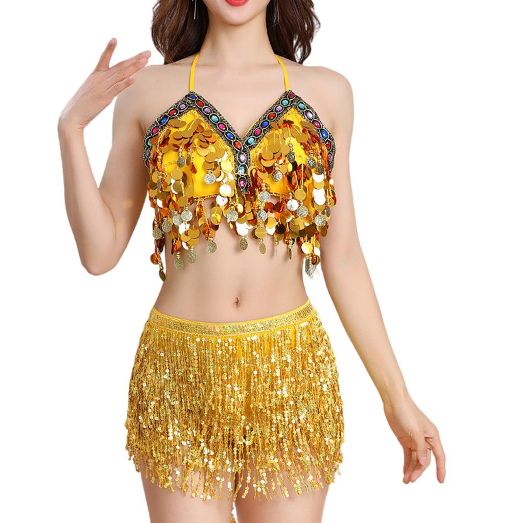Women Two Piece Belly Dance Costume Sequins Halterneck Top Sequins Fringe Hip Scarf Wrap Skirt Belly Dancing Outfit