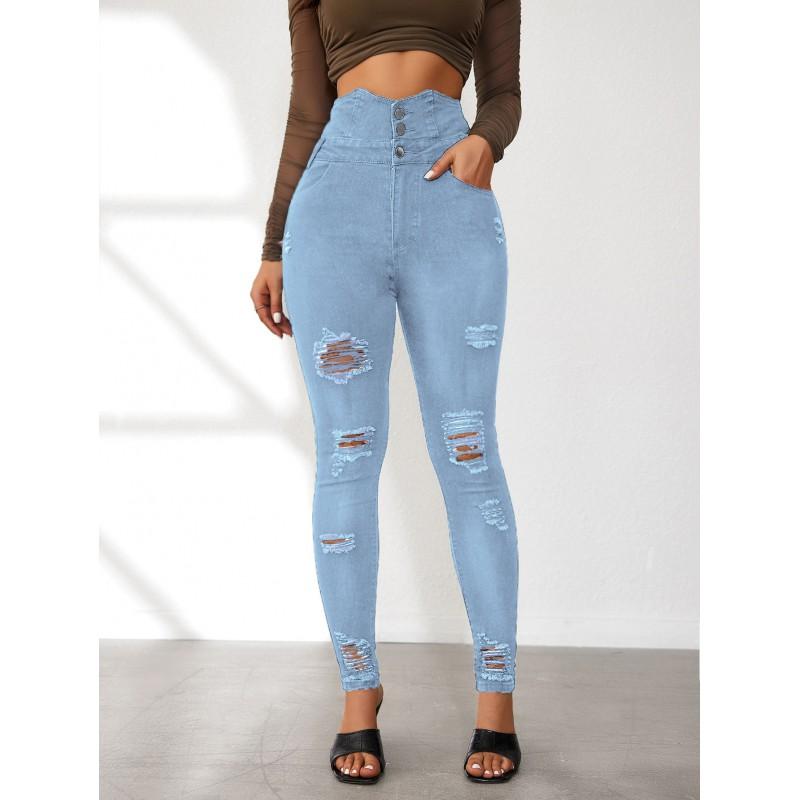 High Waist Ripped Skinny Jeans Women Stretch Denim Pants Streetwear Slim Fit Trousers