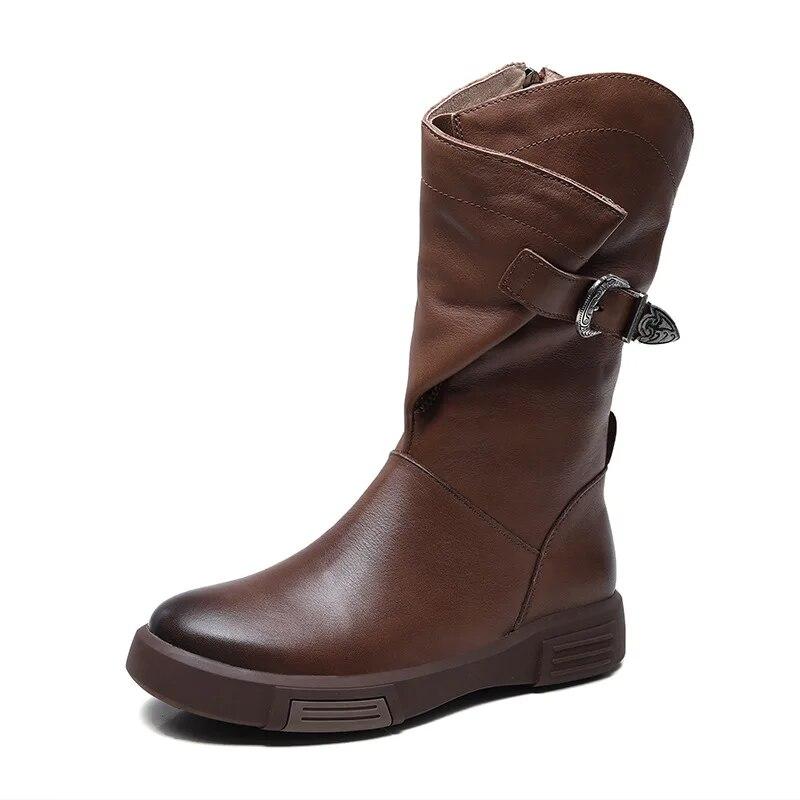 Johnature Genuine Leather Flat Mid-calf Boots For Women's Vintage Solid Color Side Zippered Boots