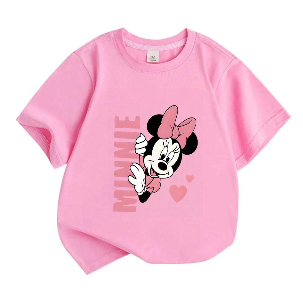 Kids Boys Girls 100% Cotton Crew Neck Short Sleeve T-Shirt, Cute Cartoon Mouse Print Casual Soft Tees with Sweet Pink Heart Pattern for Summer Daily W