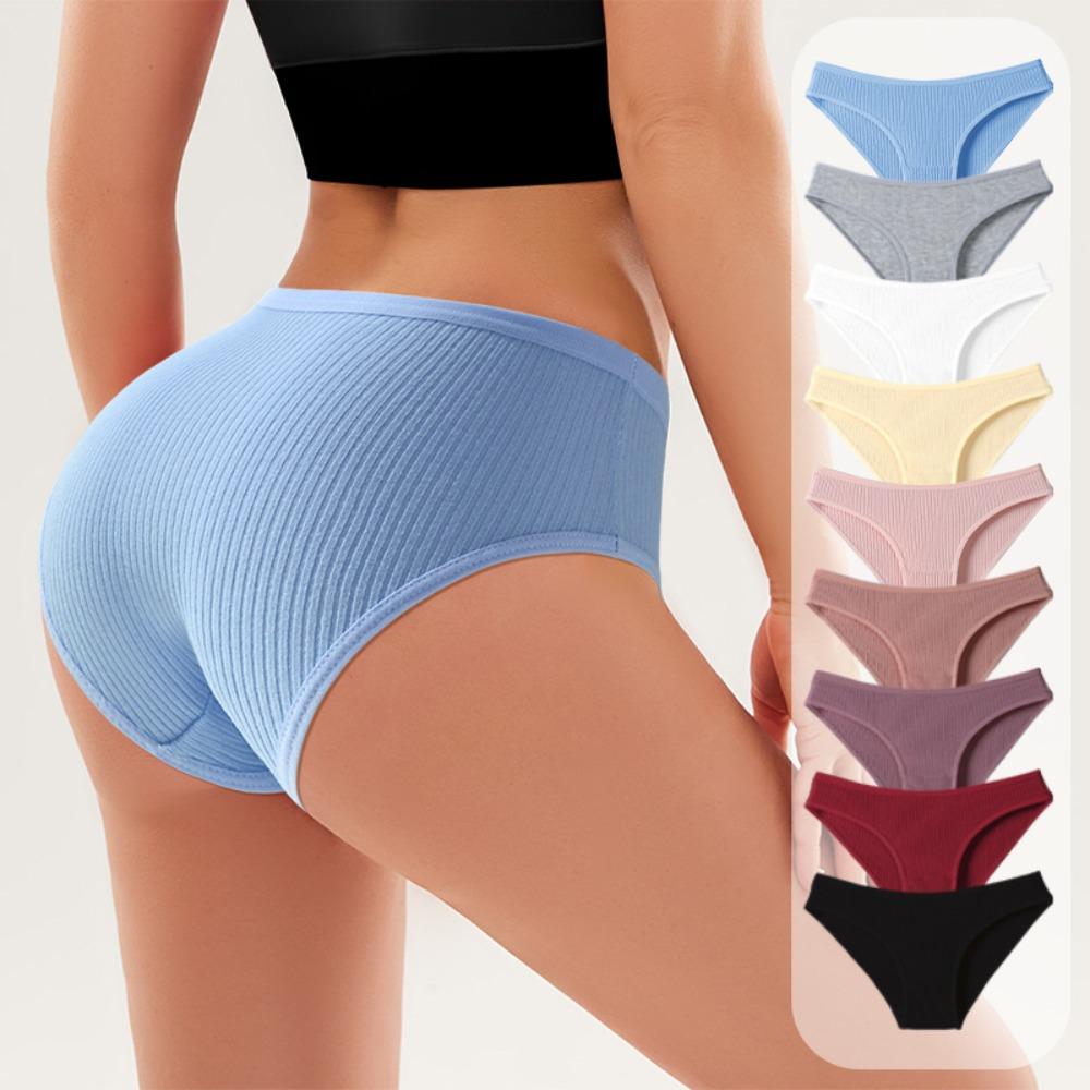 12-1pcs Women Sexy Ribbed Cotton Briefs, Low Waist Breathable Sport Soft Ladies Triangle Underwear