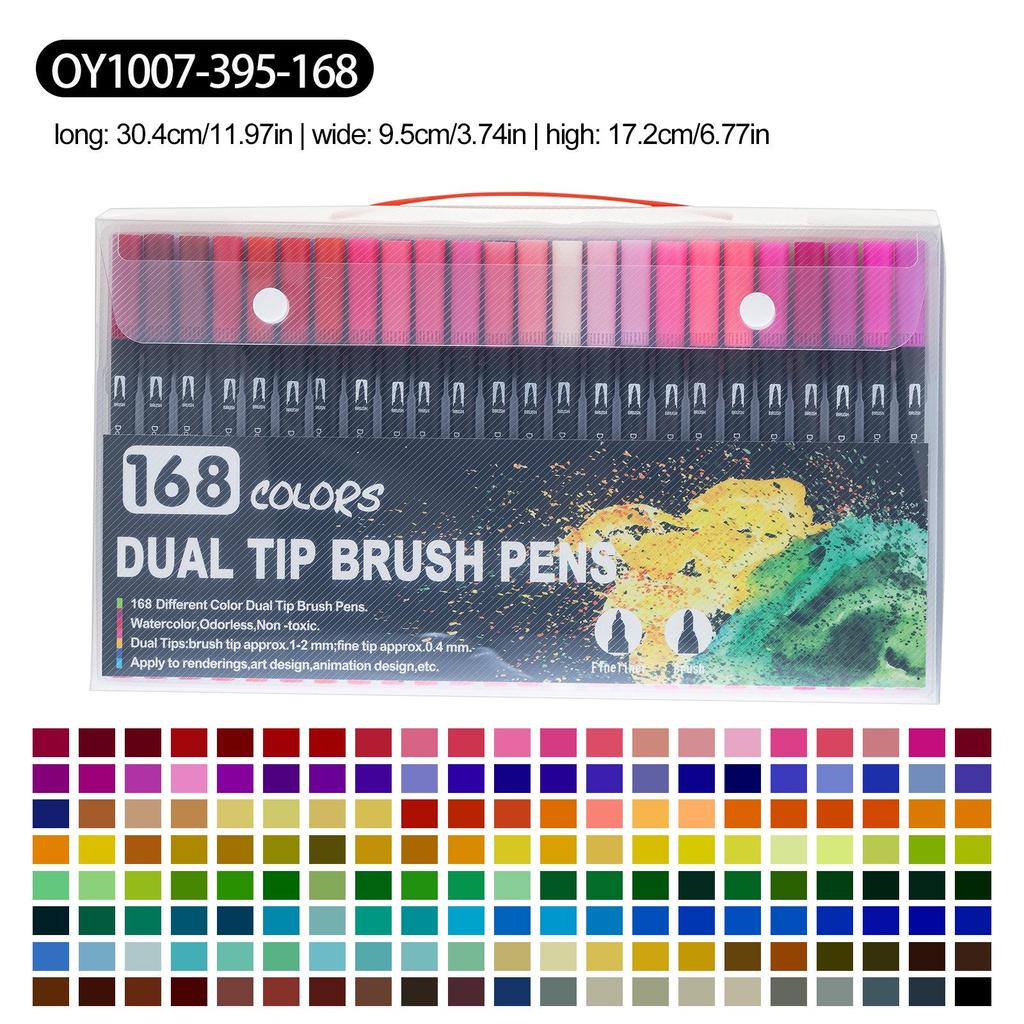 Washable Double-Ended Fineliner Paintbrush Set - Soft Tip, Non-Staining, Black Barrel, PVC Box
