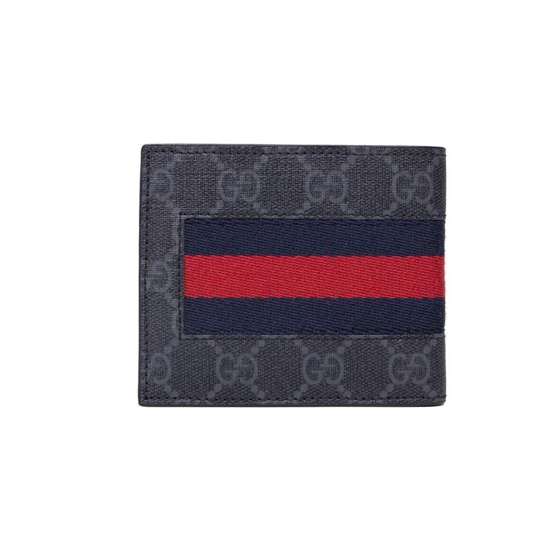 Gucci GG Supreme Presbyopia Logo Striped Web Short Bifold Canvas and Leather Wallet Mini Men's Black Gray